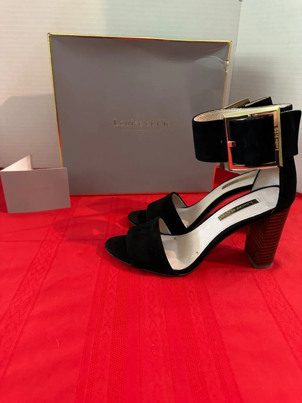 Louise et Cie Black Suede Ankle-Strap Block Heels with Gold Buckle Size 6